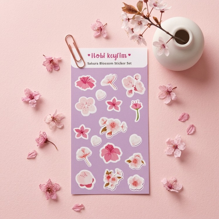 Sakura Sticker Sheet – Sakura Çiçeği Temalı Sticker Seti | Kawaii Dekoratif Çıkartmalar