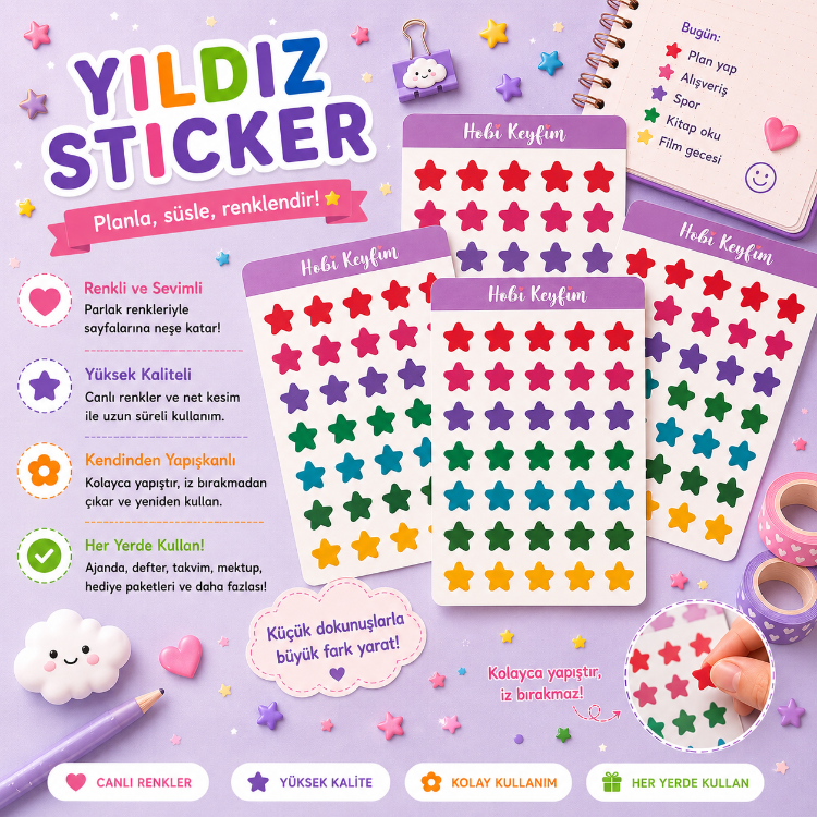 Yıldız Sticker Sheet A6 | Renkli Planner ve Bullet Journal Sticker | Hobi Keyfim
