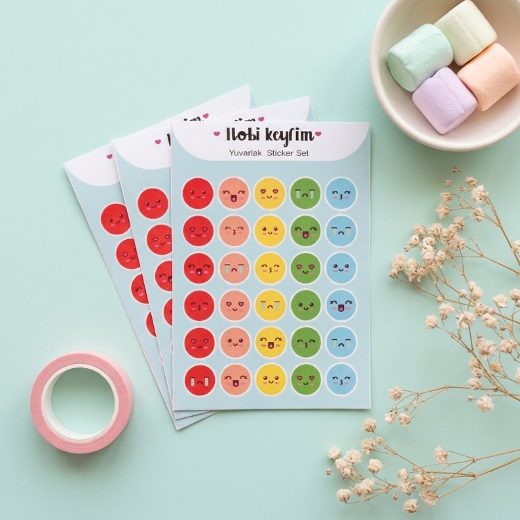 Yuvarlak Emoji Sticker Sheet | Kawaii Duygu ve İfade Sticker Seti | Planner & Journal Sticker