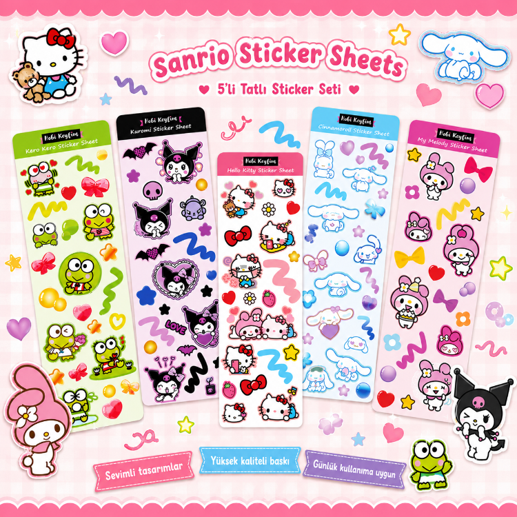 Sanrio Sticker Sheets Seti | Hello Kitty, Kuromi, My Melody, Cinnamoroll ve Keroppi Stickerları