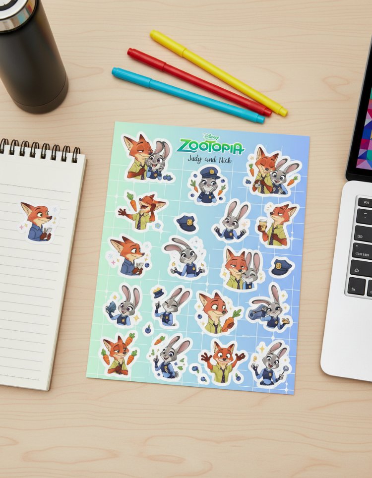 Zootopia Judy ve Nick Sticker Sayfası - 18 Parça Çıkartma Seti