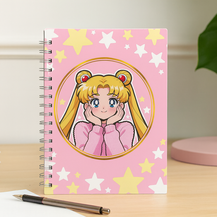 Sailor Moon Tasarımlı Pembe Yıldızlı Spiral Defter - Anime Temalı Defter