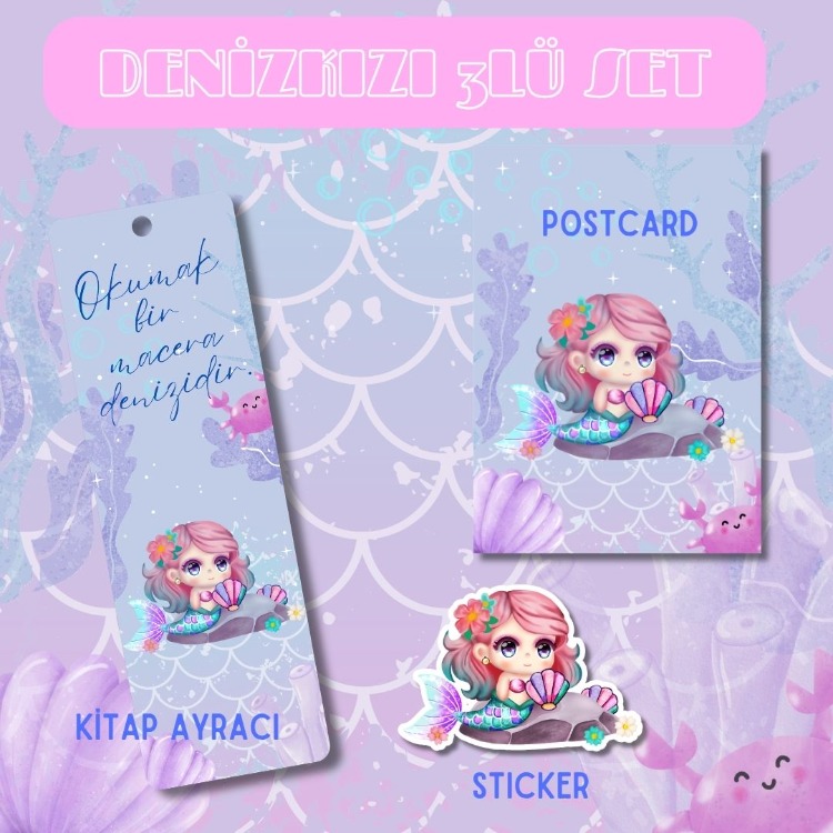 Deniz Kızı Temalı 3’lü Set (Kitap Ayracı + Postcard + Sticker)