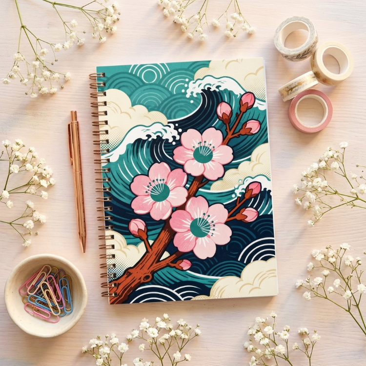 Japon Sakura Spiralli Defter - A5 Sert Kapak Defter