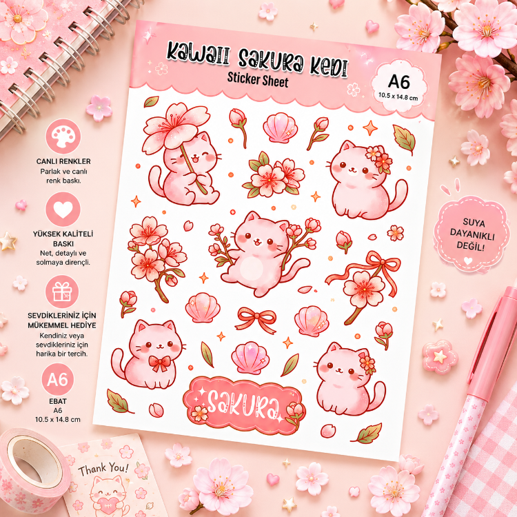 Sakura Kedi Sticker - Kawaii Sticker Sayfası