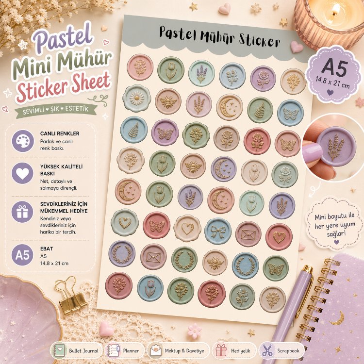 Pastel Mühür Sticker Sayfası - Planner & Journal Sticker