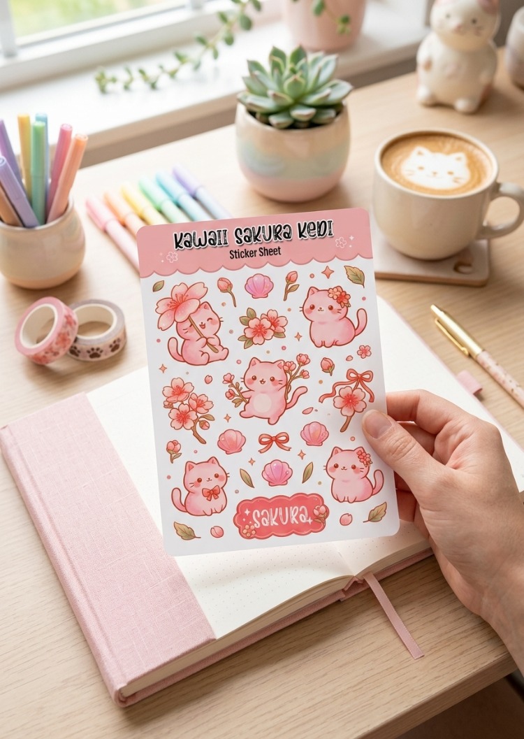 Sakura Kedi Sticker - Kawaii Sticker Sayfası