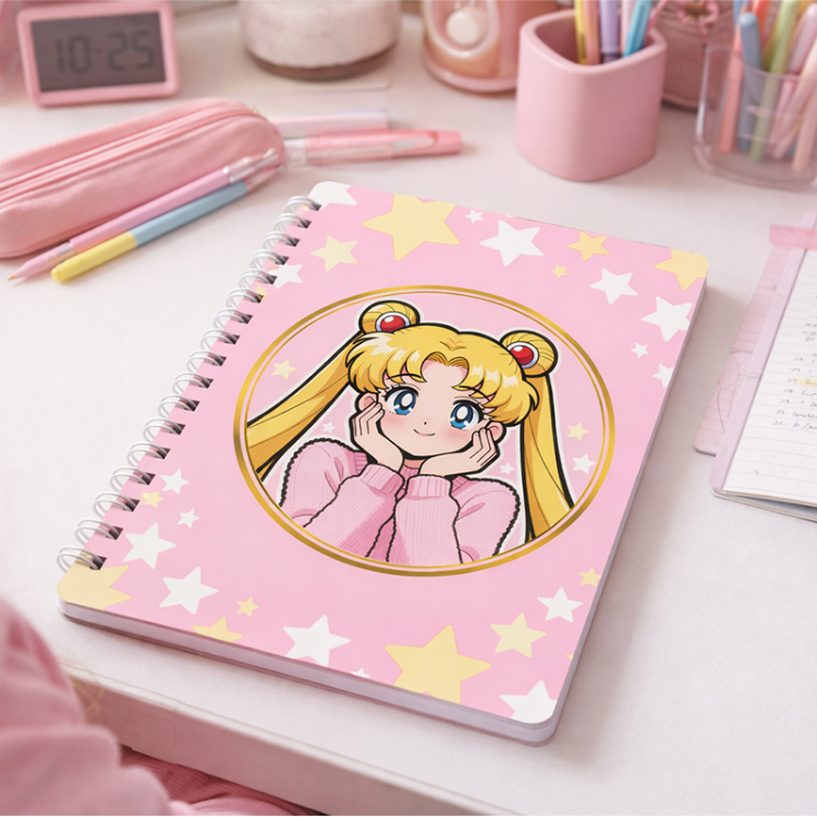 Sailor Moon Tasarımlı Pembe Yıldızlı Spiral Defter - Anime Temalı Defter