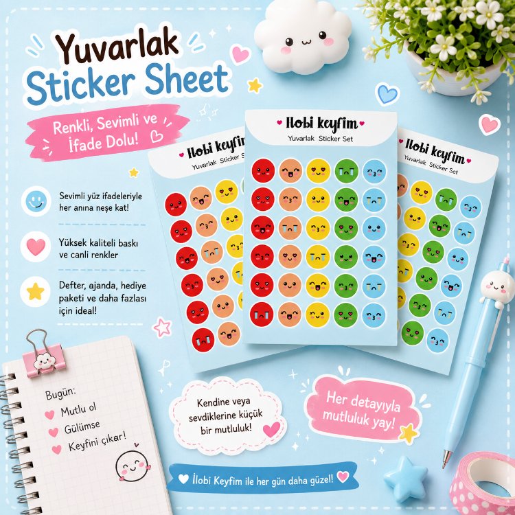 Yuvarlak Emoji Sticker Sheet | Kawaii Duygu ve İfade Sticker Seti | Planner & Journal Sticker