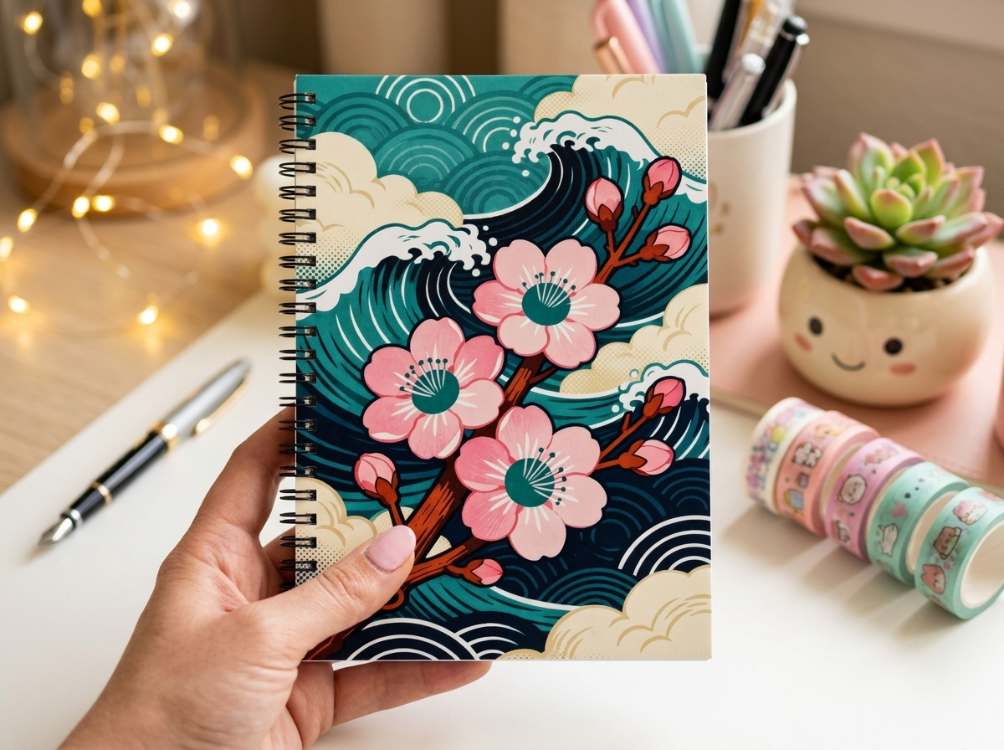 Japon Sakura Spiralli Defter - A5 Sert Kapak Defter