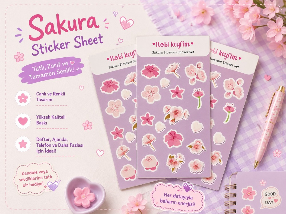 Sakura Sticker Sheet – Sakura Çiçeği Temalı Sticker Seti | Kawaii Dekoratif Çıkartmalar
