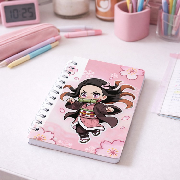 Demon Slayer Nezuko Kamado Chibi Tasarımlı Spiralli Defter - Pembe Sakura Temalı