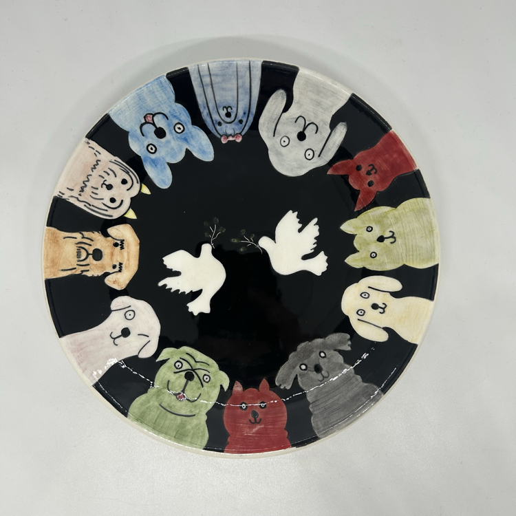 Köpekli, barış güvercinli, çini tabak