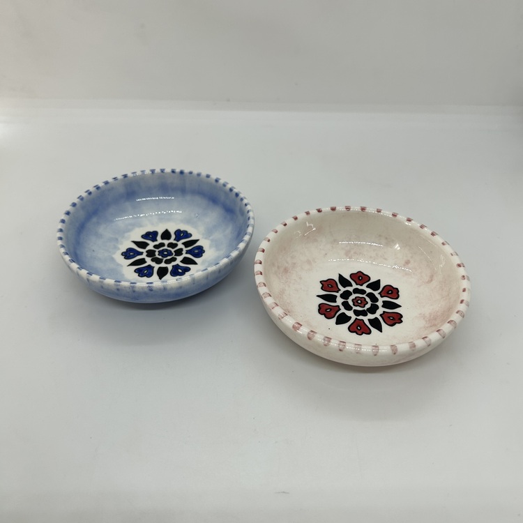 Çini, 2li takım, mini yayvan kase, mavi ve kırmızı