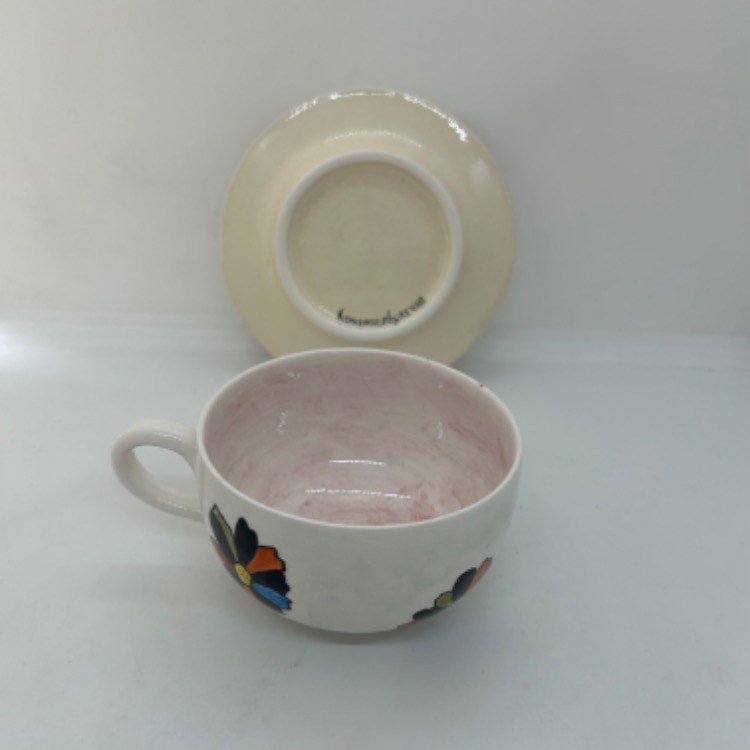 Çini, çiçekli, bahar temalı geniş fincan, tabaklı set