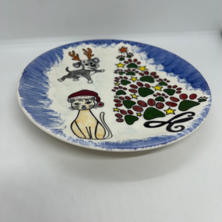 Patili dostlar ve yılbaşı ağaçlı pasta tabağı, çini