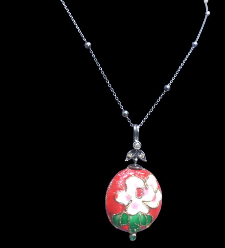 EL İŞİ 0.065 CT PIRLANTALI CLOISONNE GÜMÜŞ KOLYE
