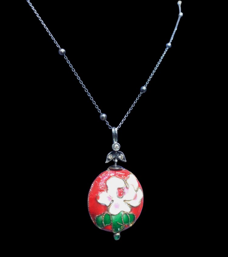 EL İŞİ 0.065 CT PIRLANTALI CLOISONNE GÜMÜŞ KOLYE