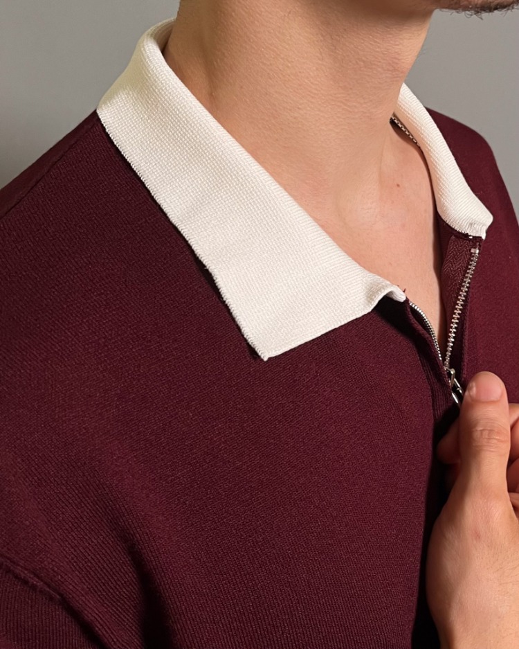 Fermuarlı Polo Yaka Triko Tişört - Bordo
