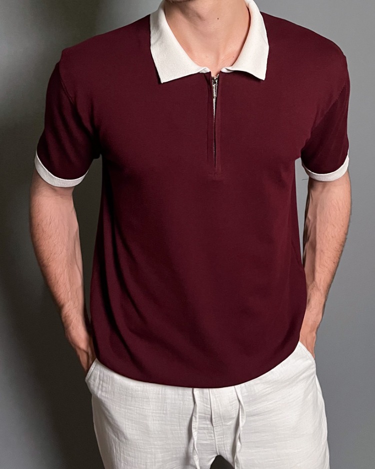 Fermuarlı Polo Yaka Triko Tişört - Bordo