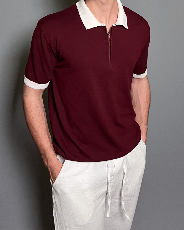 Fermuarlı Polo Yaka Triko Tişört - Bordo