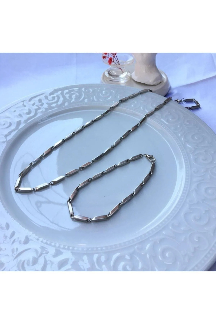 Küp Üçgen Model Erkek Çelik Zincir Kolye Bileklik Set