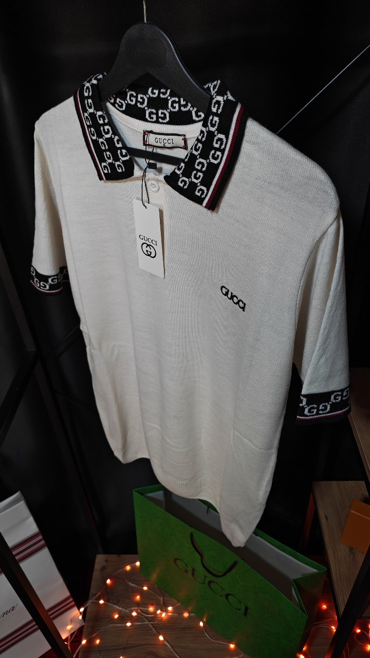 Gucci GG Monogram Detaylı Ekru Polo Tişört