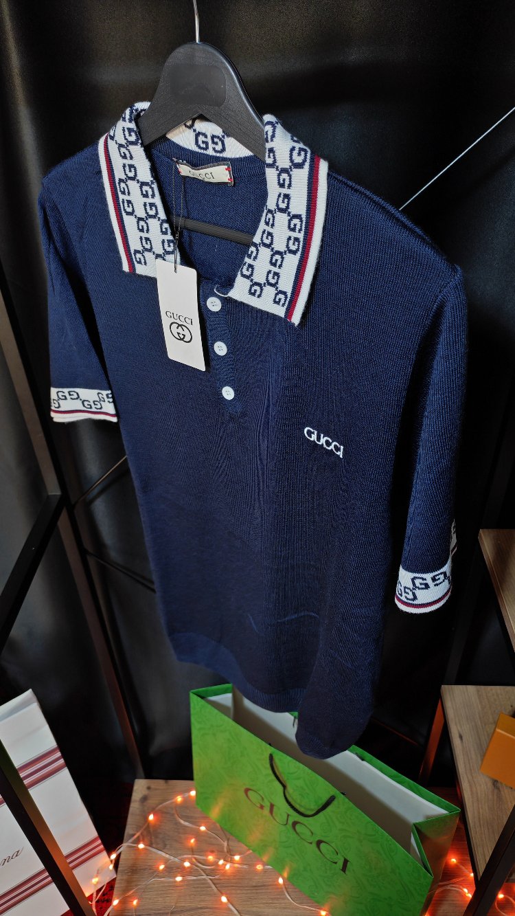 Gucci GG Monogram Detaylı Lacivert Polo Tişört