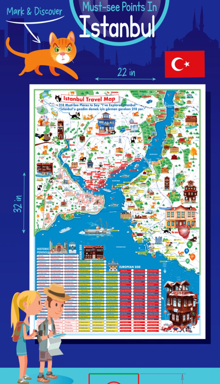 İstanbul Gezi Rehberi & İşaretleme Haritası (218 Nokta + Karikatür Poster)
