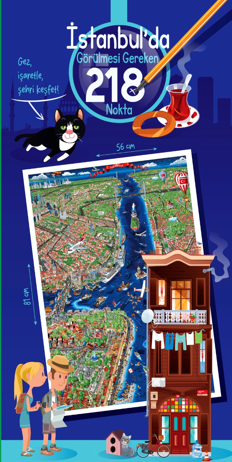 İstanbul Gezi Rehberi & İşaretleme Haritası (218 Nokta + Karikatür Poster)