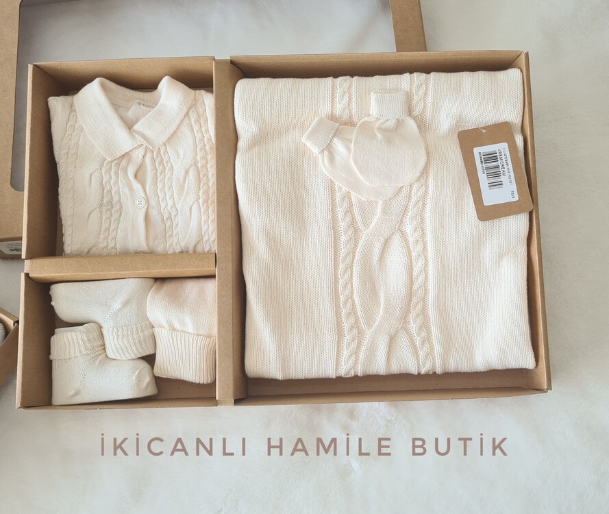 Triko Hastane Çıkış Seti-krem-0-3 ay