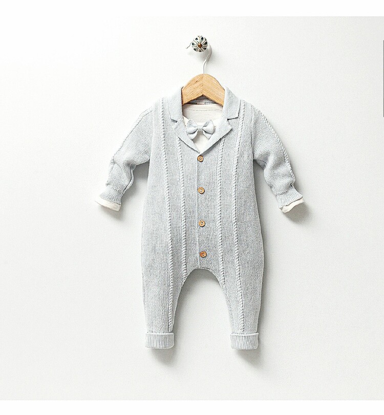 Papyonlu Triko Bebek Tulum Takım-Triko Bebek Takım