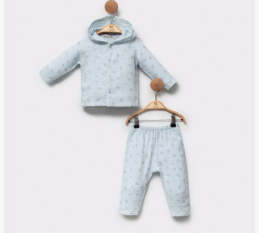 Müslin Bebek Takım-Mavi 2li Bebek Takım