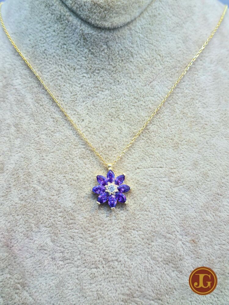 gümüş gold kaplama ametist taşlı lotus kolye