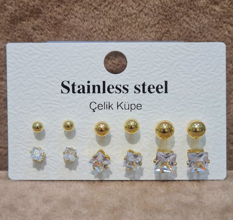ÇELİK 6 LI TOP VE KARE KOMBİN GOLD KÜPE