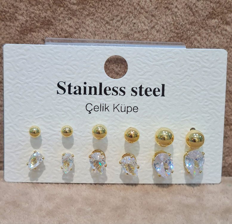 ÇELİK 6 LI TOP VE DAMLA TAŞ MODEL GOLD RENK KOMBİN KÜPE