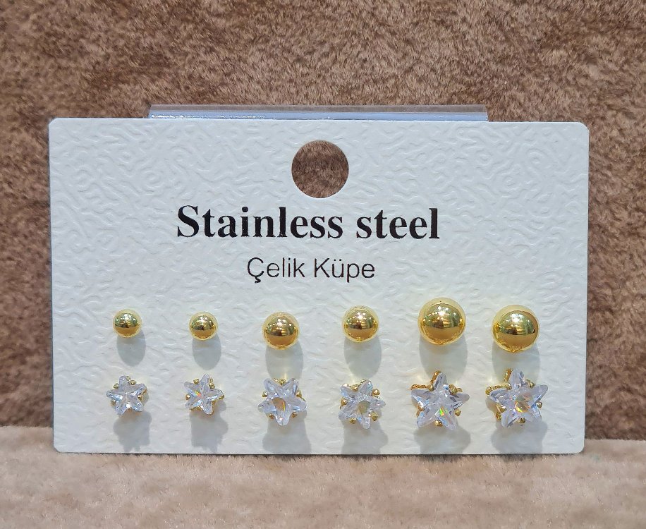 ÇELİK 6 LI TOP VE YILDIZ ZİRKON TAŞLI GOLD KAPLAMA KOMBİN KÜPE