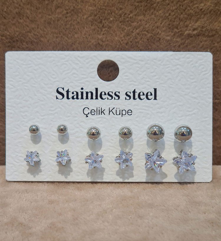 ÇELİK TOP VE YILDIZ ZİRKON TAŞLI 6 LI  KOMBİN KÜPE