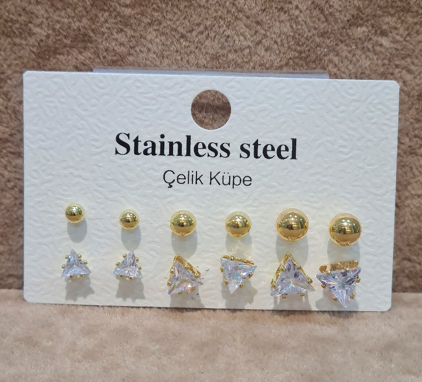 ÇELİK 6 LI TOP VE ÜÇGEN MODEL GOLD RENK KOMBİN KÜPE