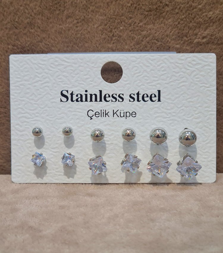 ÇELİK TOP VE KARE TEK TAŞ 6 LI KOMBİN KÜPE