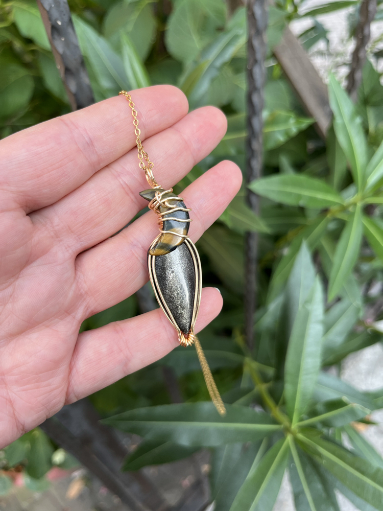Gold Shine Obsidyen & Kaplan Gözü Tel Sarma Kolye