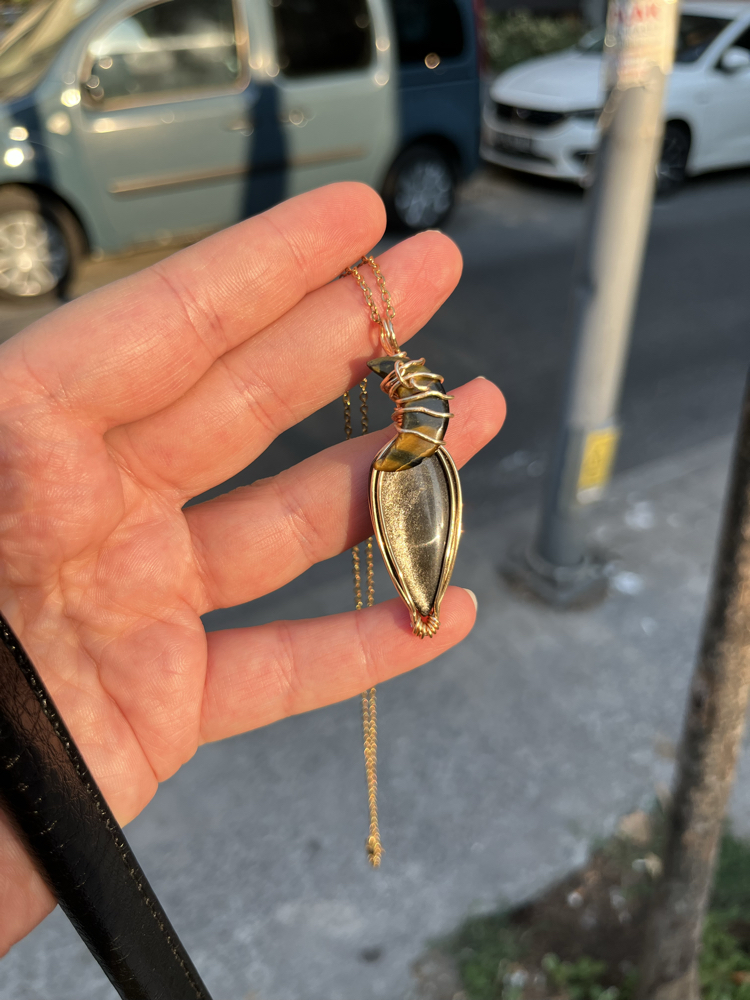 Gold Shine Obsidyen & Kaplan Gözü Tel Sarma Kolye