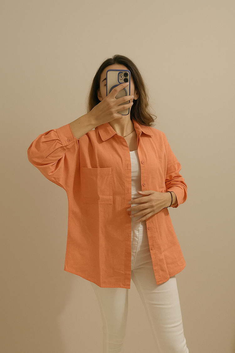 Oversize cepli yavruağzı keten gömlek