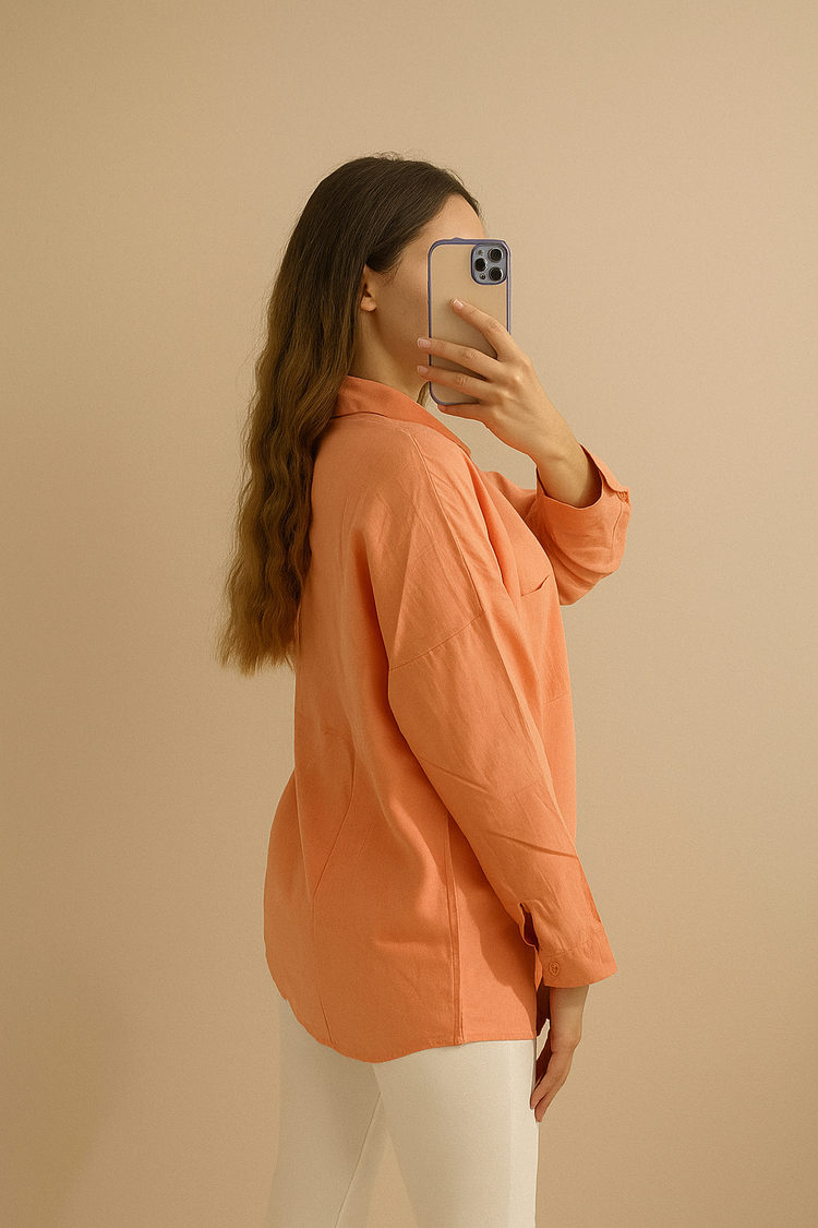 Oversize cepli yavruağzı keten gömlek