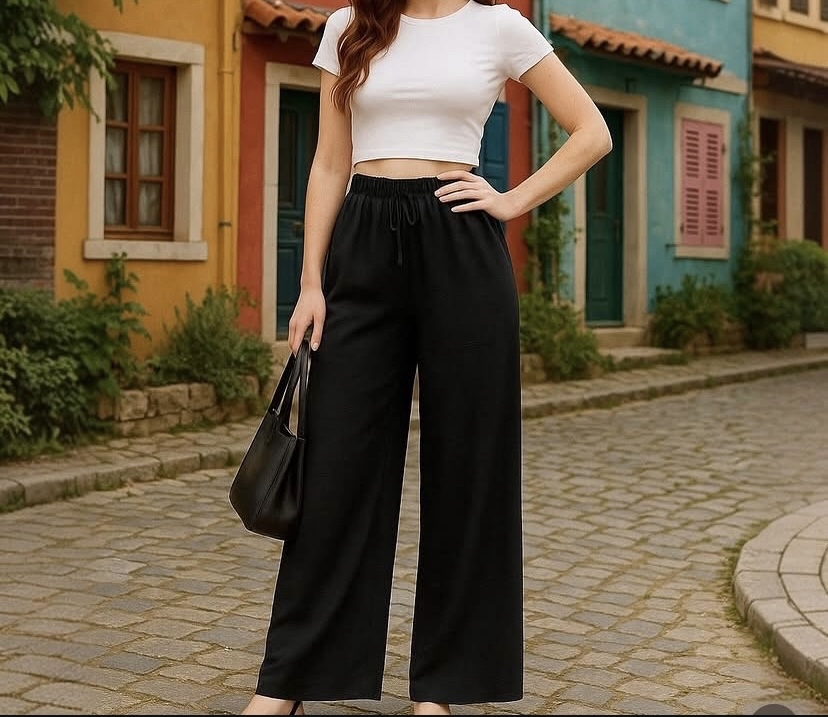 Siyah bol paça keten pantolon