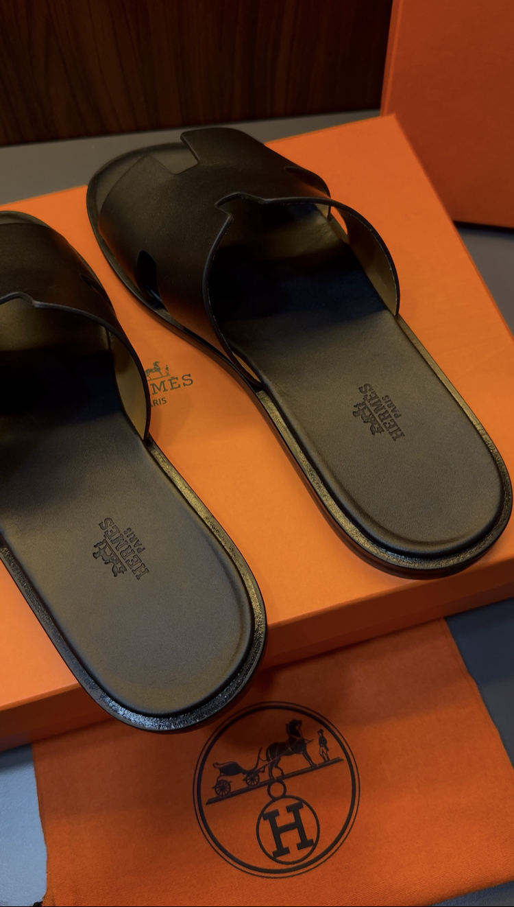 Hermes Epsom Izmir Black Leather Sandals