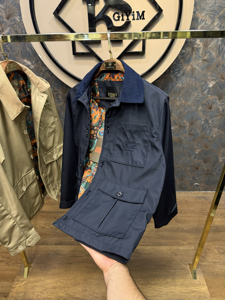 PREMIUM ETRO ASTAR DETAYLI KADİFE YAKA MEVSİMLİK MONT(LACİVERT)