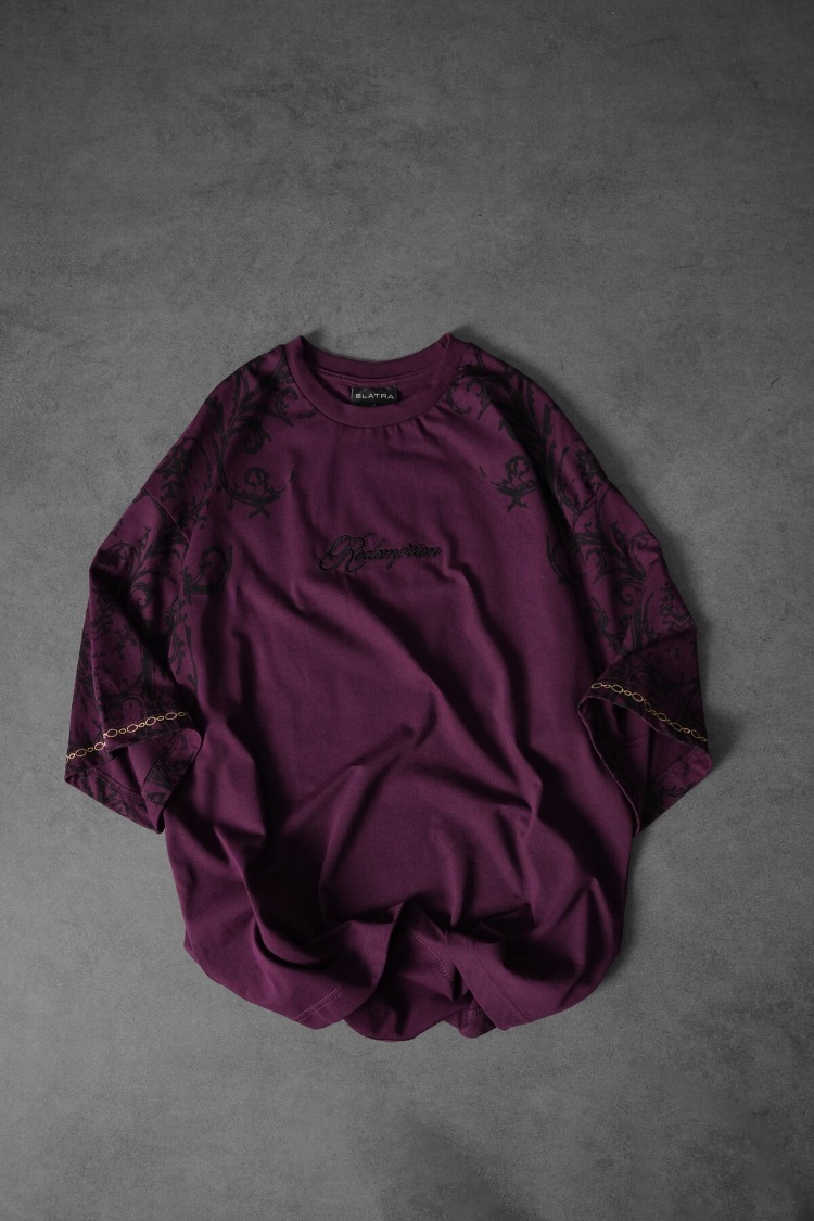 Erkek Mürdüm Redemption Patchli Baskılı Oversize Tshirt