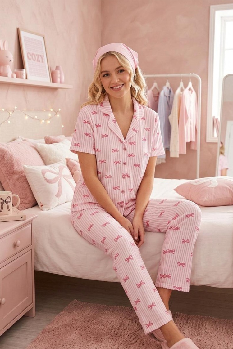 Pembe Kurdele Desenli Bürümçük kumaş Kısa Kollu Pijama Takımı 