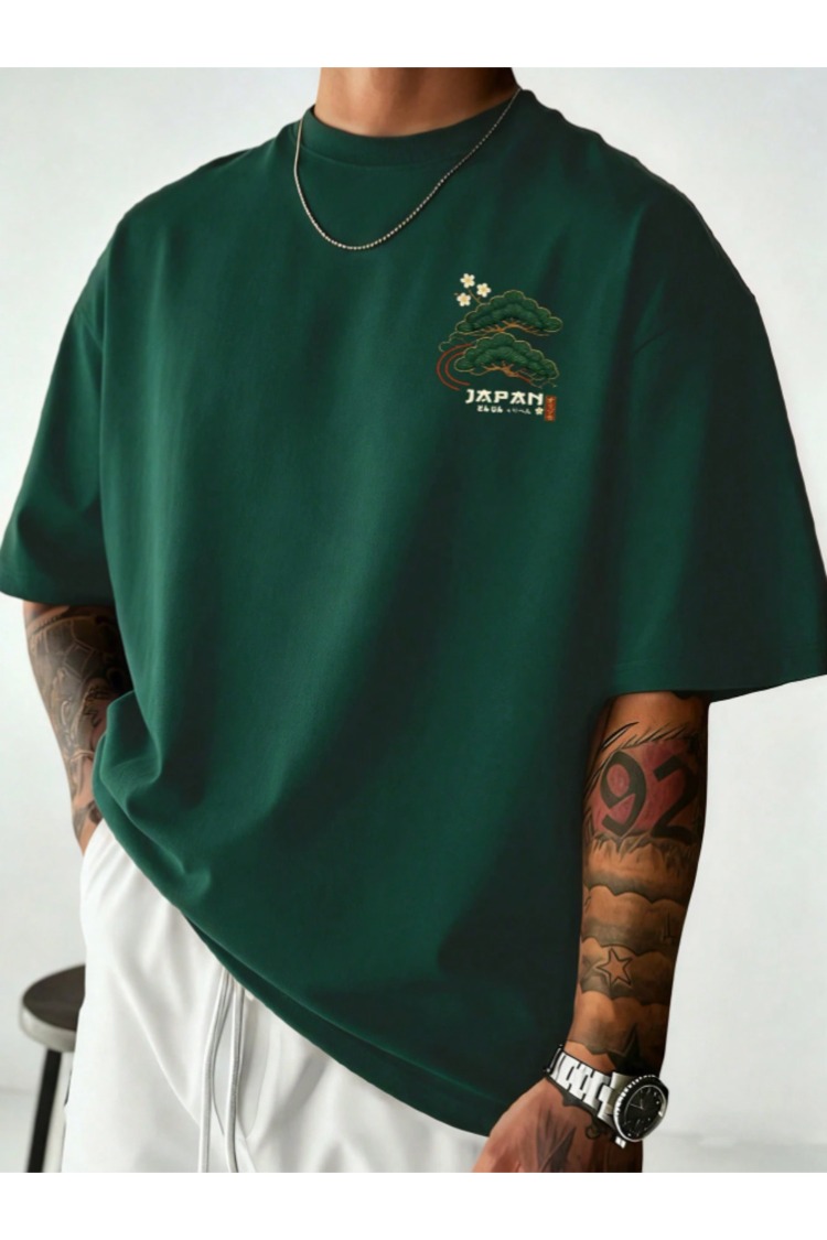 Unisex Kadın/Erkek JAPAN Özel Baskılı Oversize Penye Bisiklet Yaka T-Shirt